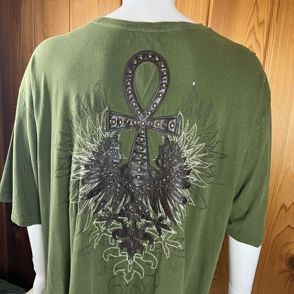 Pelle Pelle Mens Shirt Live Forever Leather Ankh Design  4XL Shirt Studded Green - Picture 7 of 10
